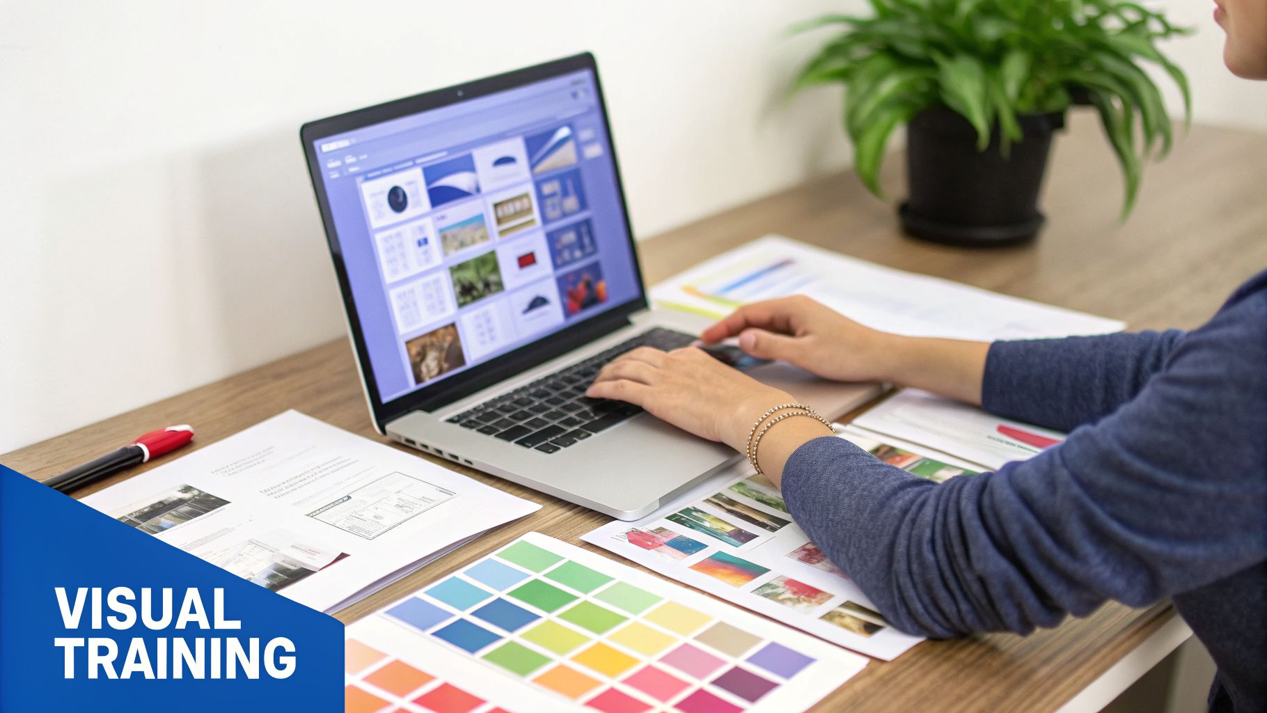 A person works on a laptop displaying design software, surrounded by color palettes and documents for visual training.