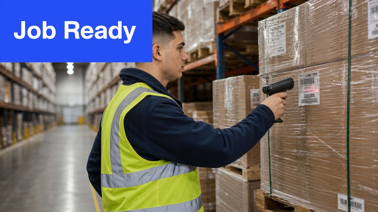 A warehouse worker in a high-visibility vest scans a cardboard box pallet using a barcode scanner.