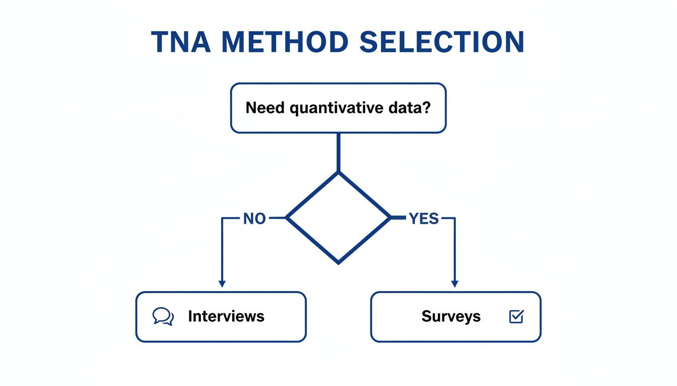 A flowchart for TNA method selection, indicating interviews for qualitative and surveys for quantitative data.