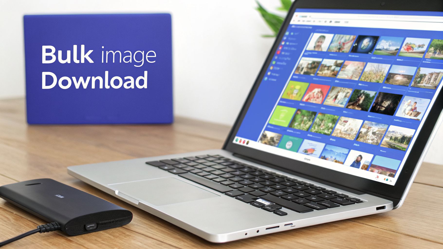 A laptop displaying an image gallery, connected to an external hard drive, with text 'Bulk image Download'.