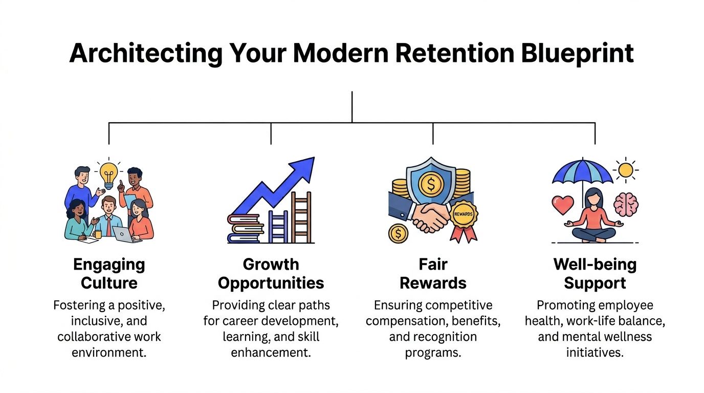 A diagram outlining employee retention strategies featuring engaging culture, growth opportunities, fair rewards, and well-being support.