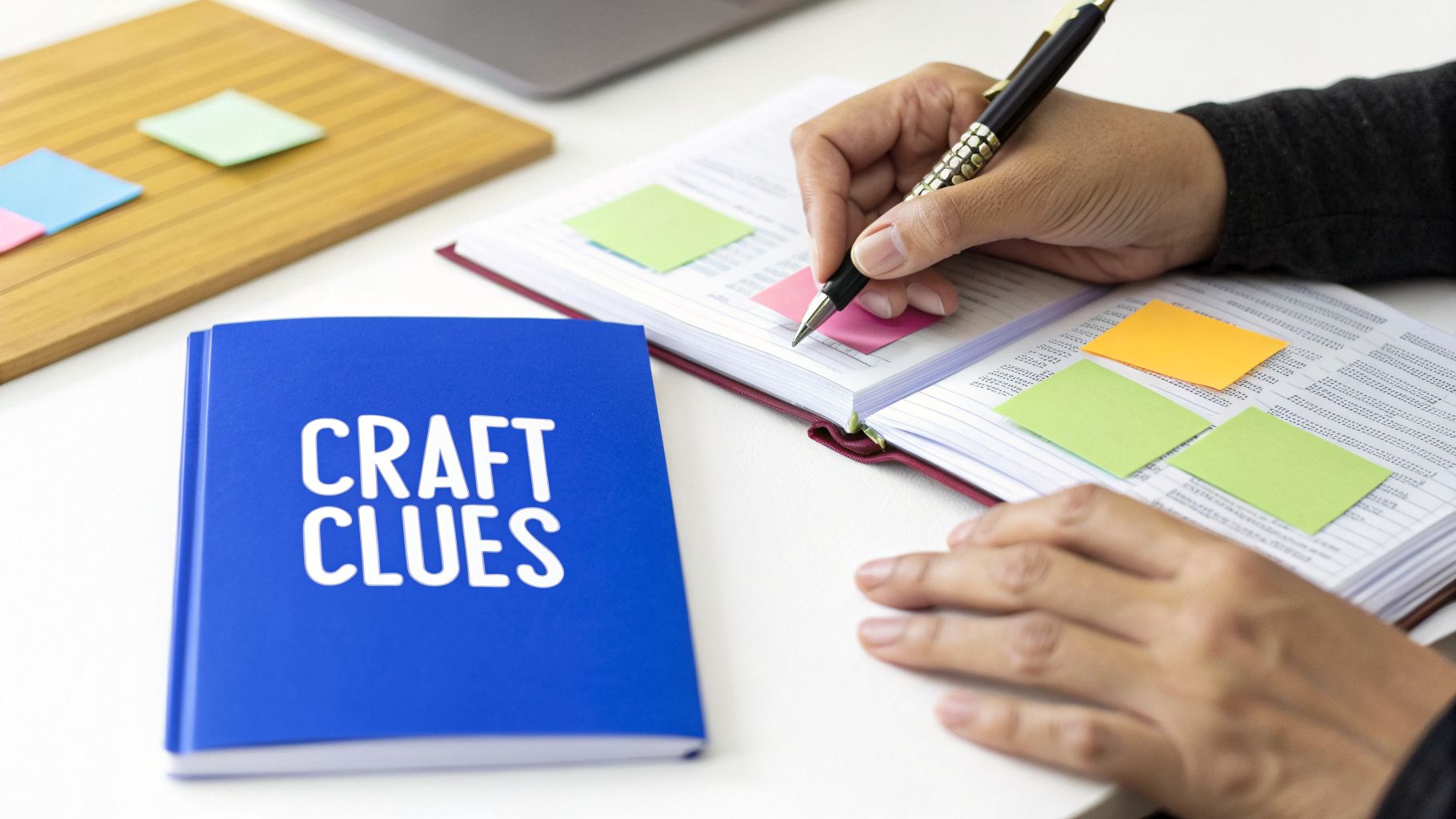 Hands writing in a journal with colorful sticky notes, near a blue 'CRAFT CLUES' book.