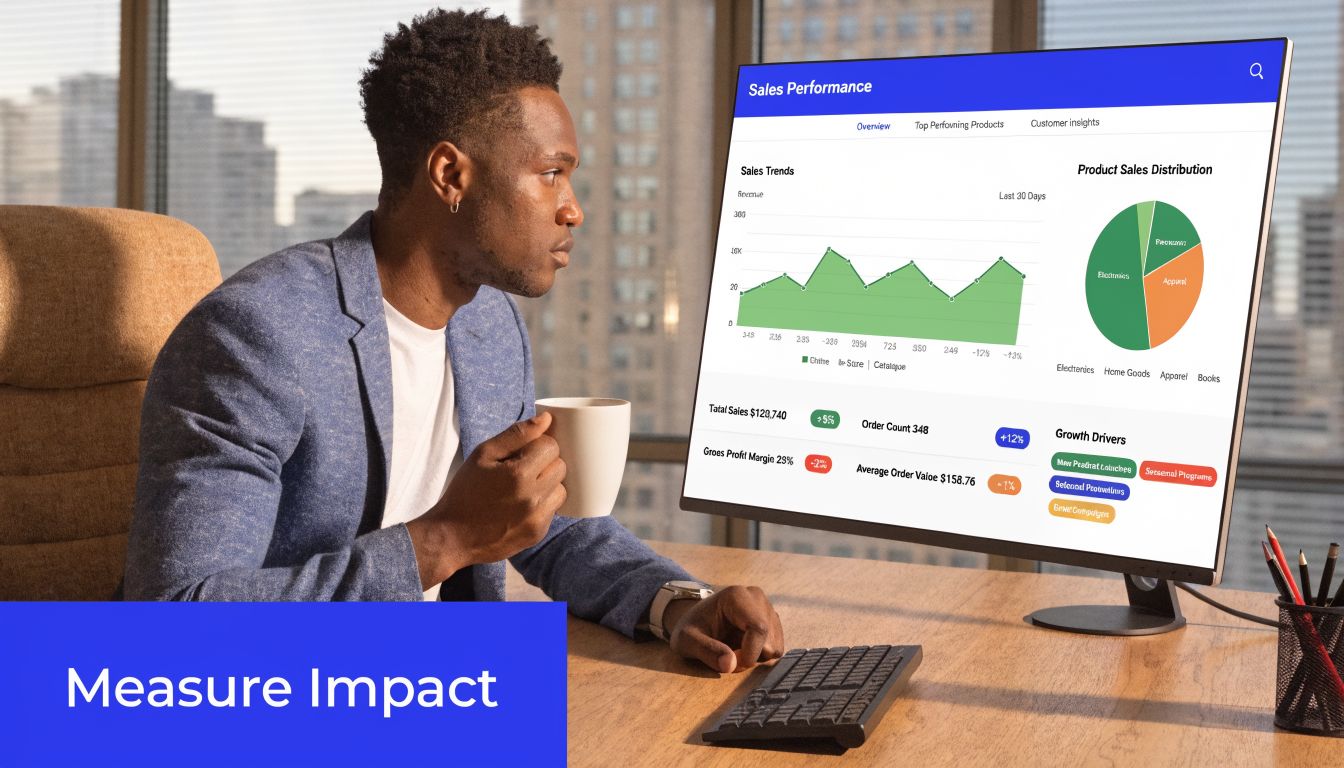 A professional man drinking coffee while analyzing business sales performance charts on a computer monitor.