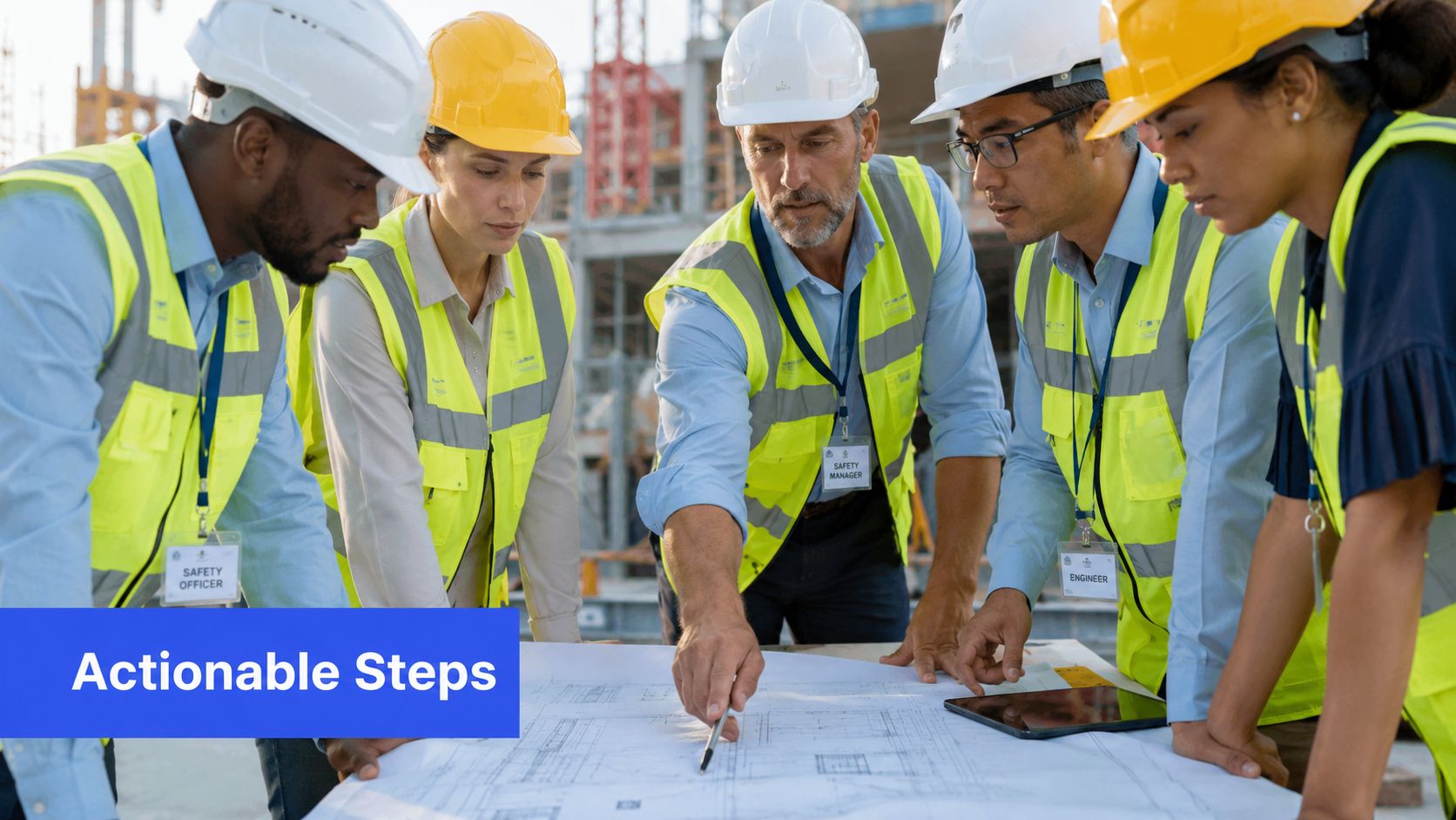 A diverse team of construction professionals in safety gear reviewing building blueprints on a site.