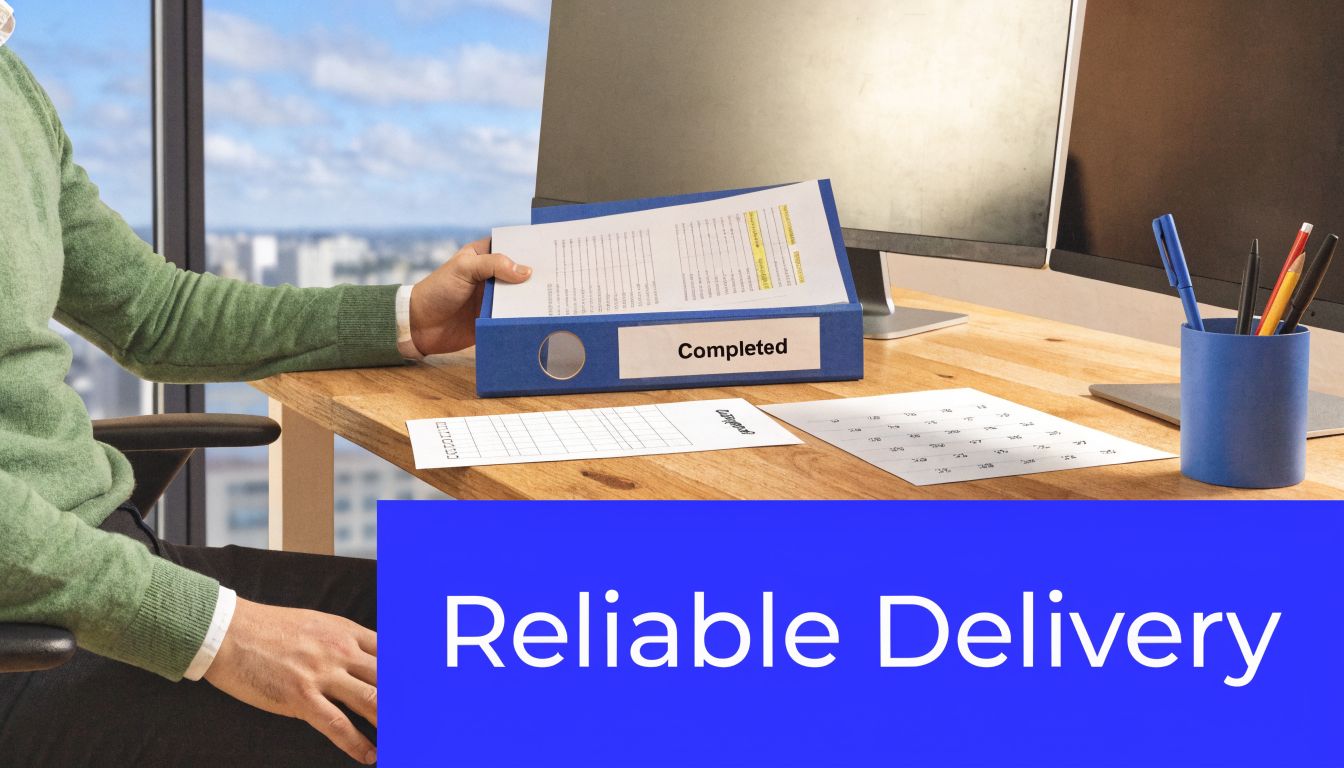 A person sitting at a desk with a blue binder labeled Completed, symbolizing organized workplace performance.