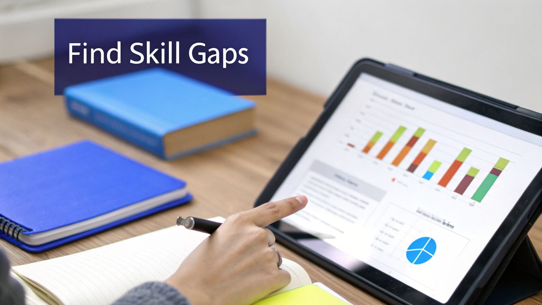 A hand points at a tablet showing data charts and graphs, with 'Find Skill Gaps' text overlay.