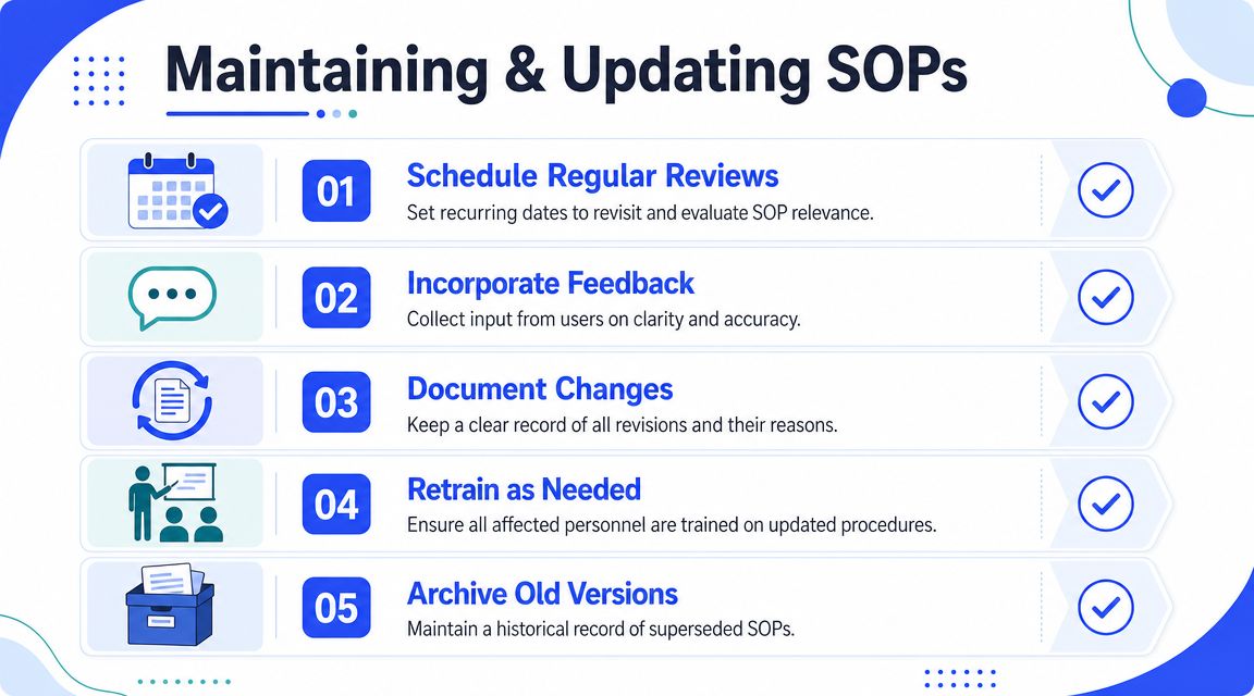 A structured infographic illustrating five essential steps for maintaining and updating standard operating procedures in the workplace.