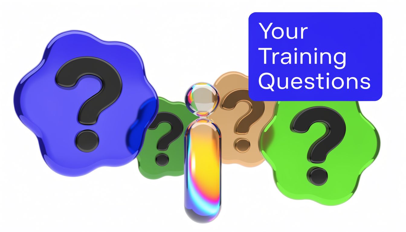 Colorful 3D rendered question marks and information icon representing training questions on a white background.