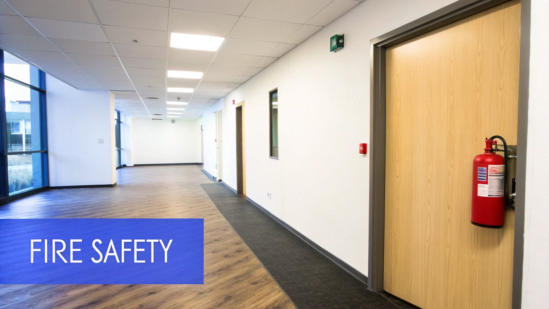 A clean office hallway with a red fire extinguisher and a fire alarm pull station.