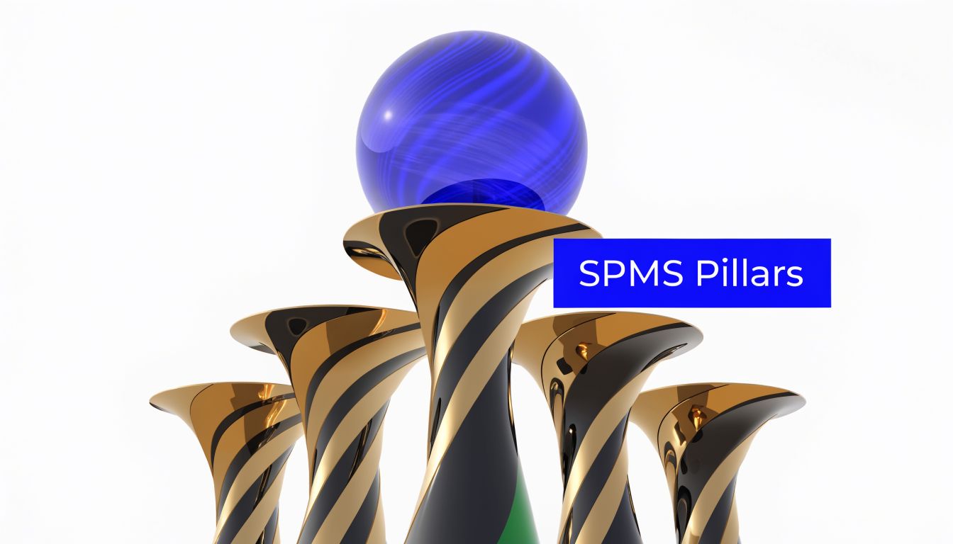 A 3D render of five gold and black twisted pillars with a blue glowing sphere on top.