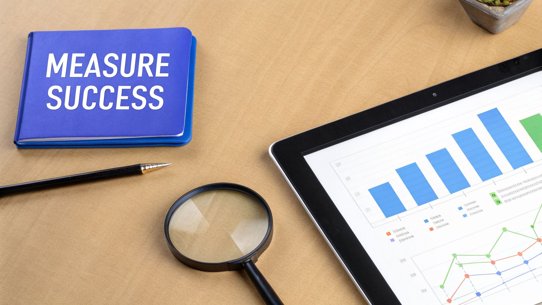 Desk with a 'MEASURE SUCCESS' notebook, pen, magnifying glass, and tablet displaying business analytics graphs.