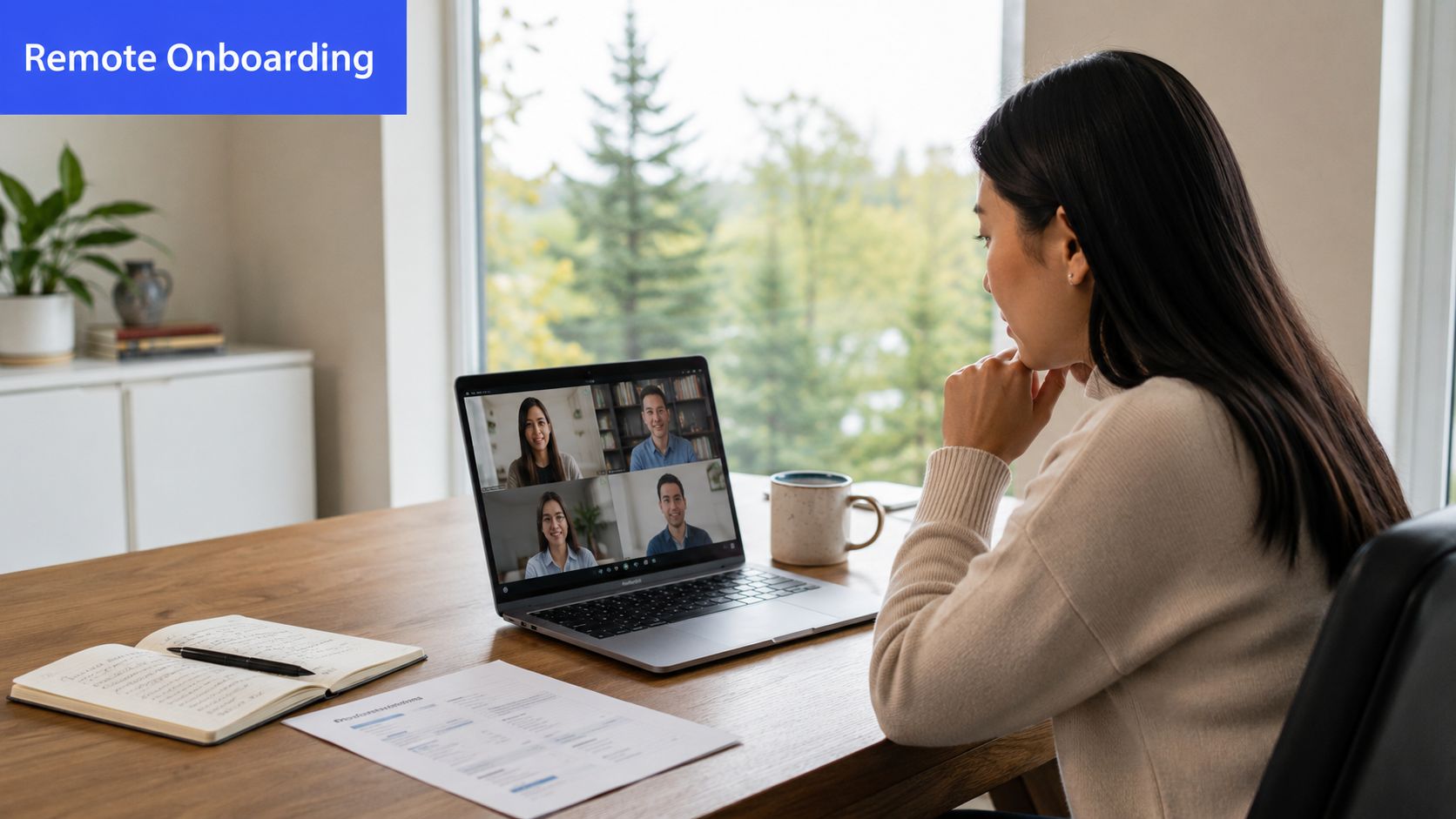 A woman working remotely at her desk, participating in a video conference call for job onboarding.
