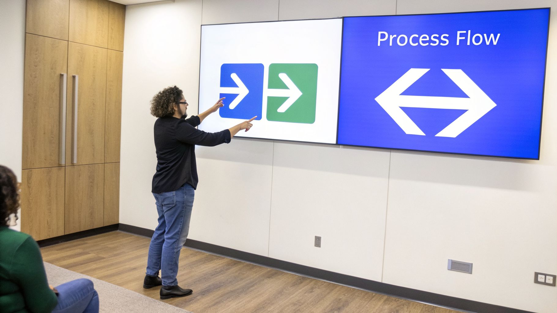 A man presents process flow infographics on large screens to an audience.