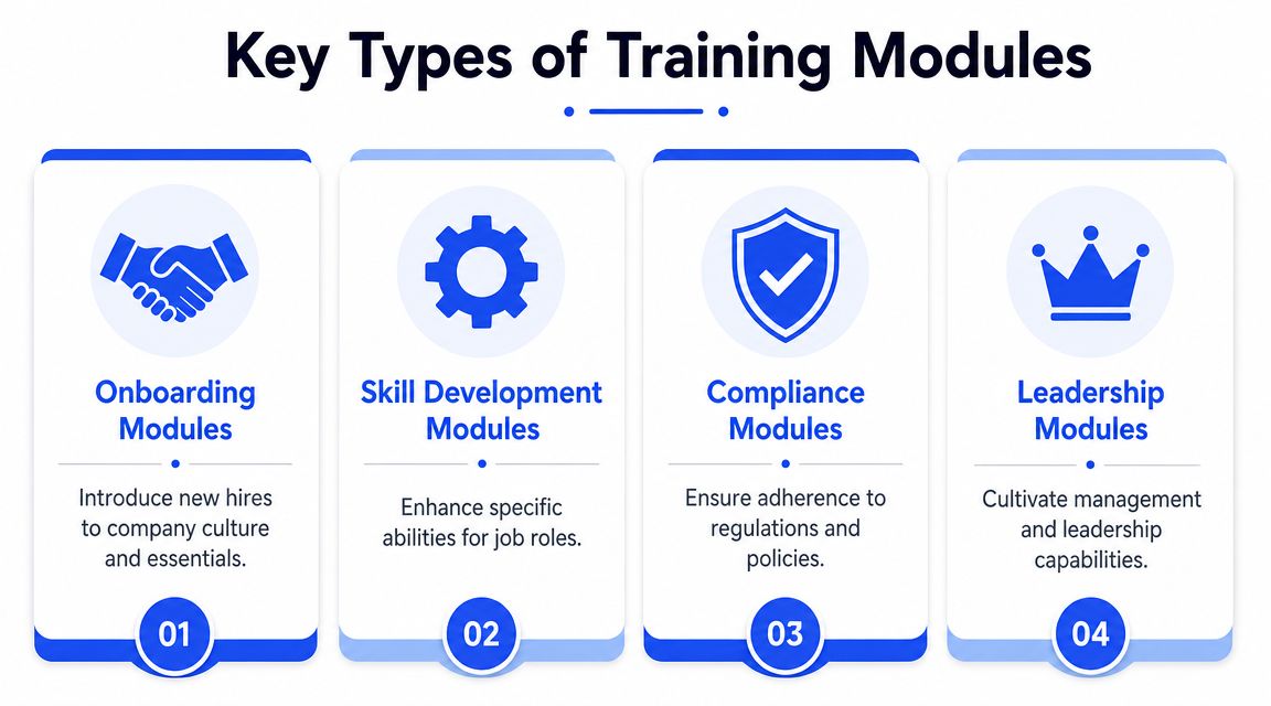 An infographic displaying four types of training modules: onboarding, skill development, compliance, and leadership.
