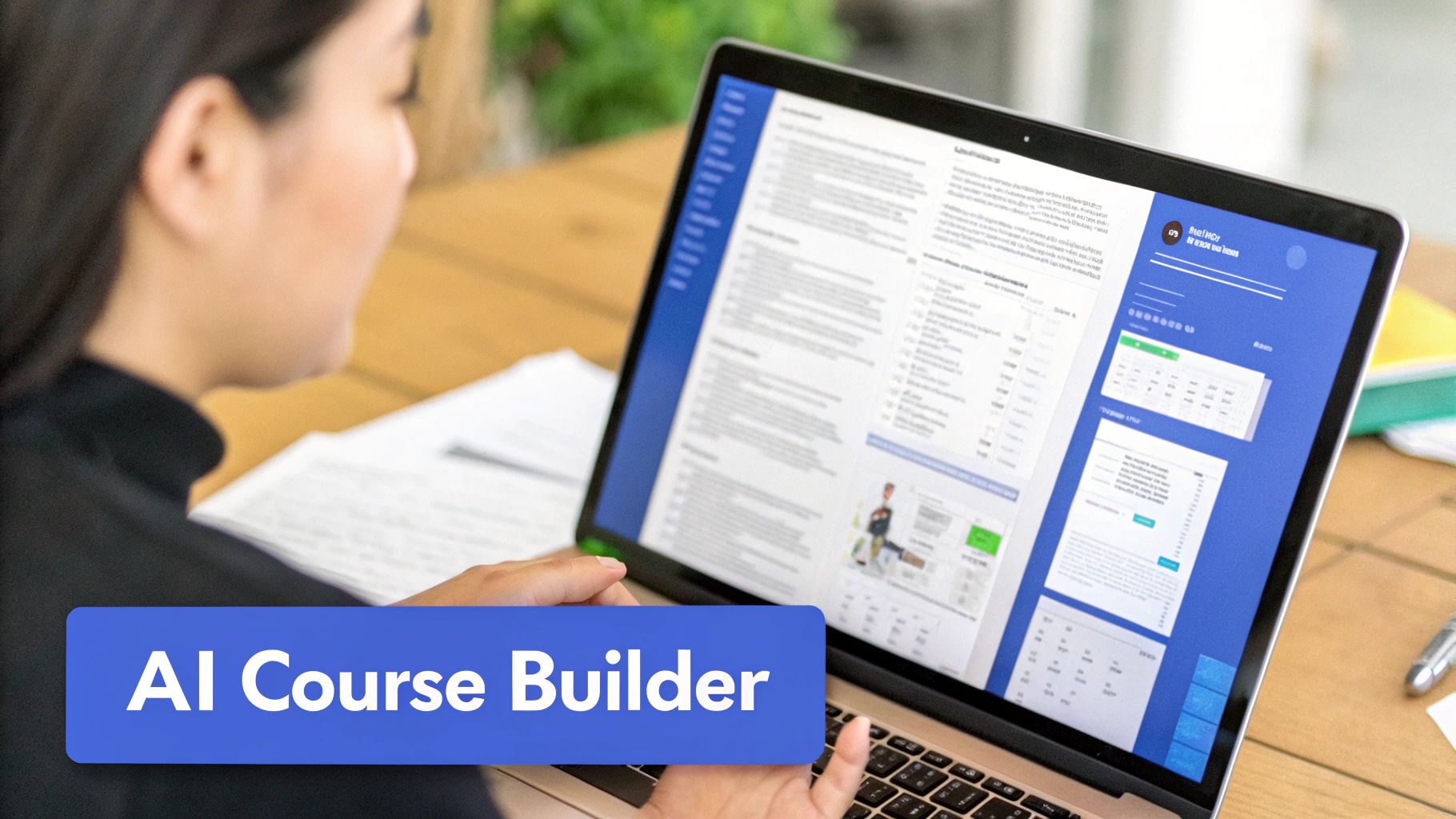 A person uses a laptop displaying an 'AI Course Builder' interface with text and data.
