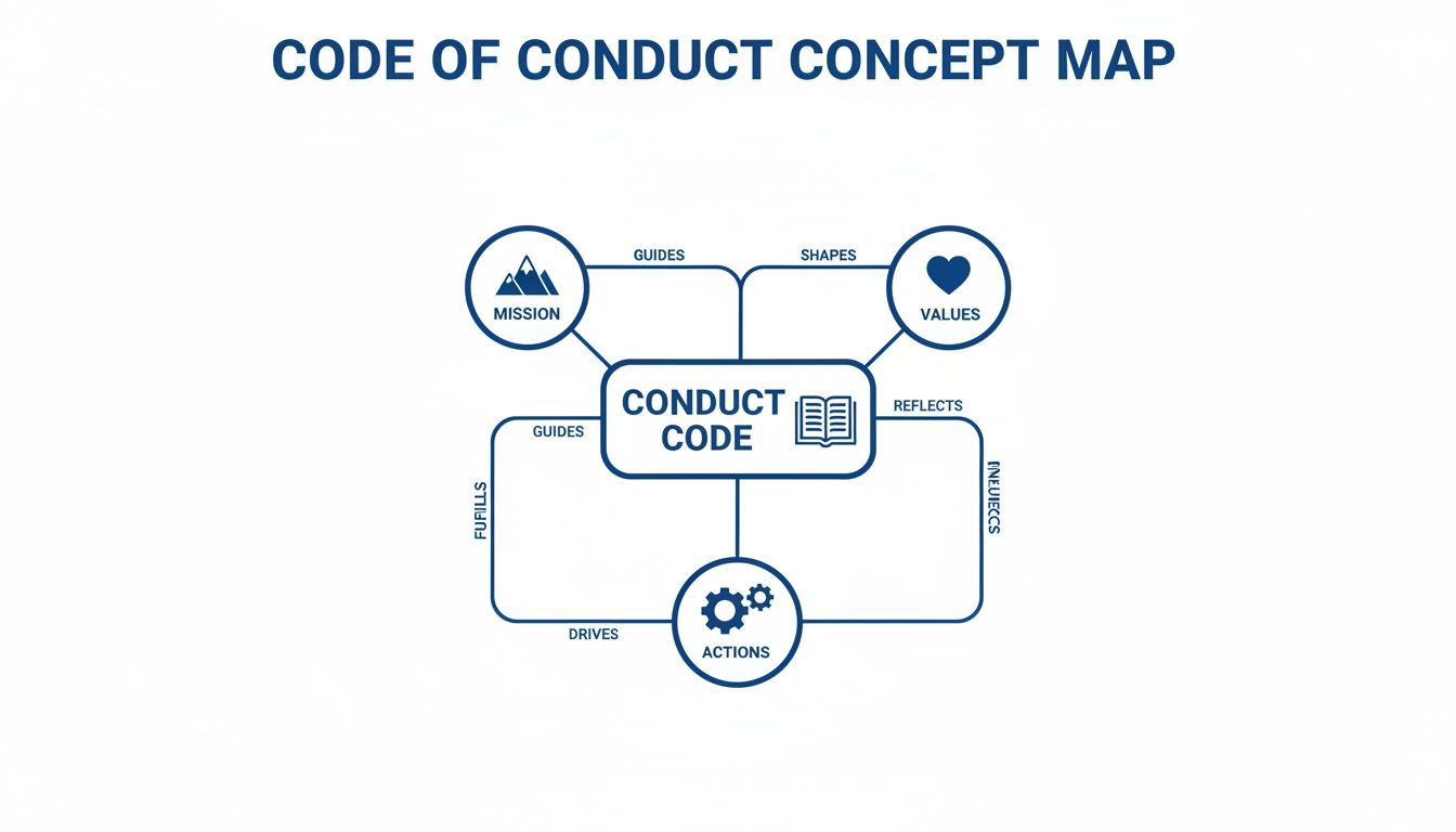 Concept map illustrating the Code of Conduct's relationship with mission, values, and actions.