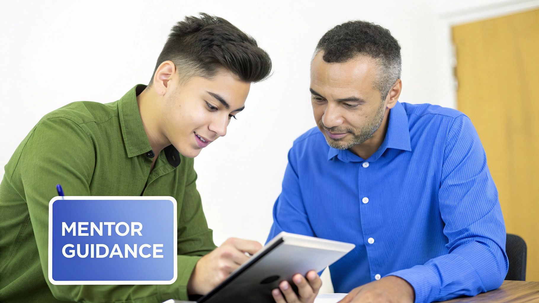 A mentor guides a young man on a tablet, showcasing on-job training and learning.