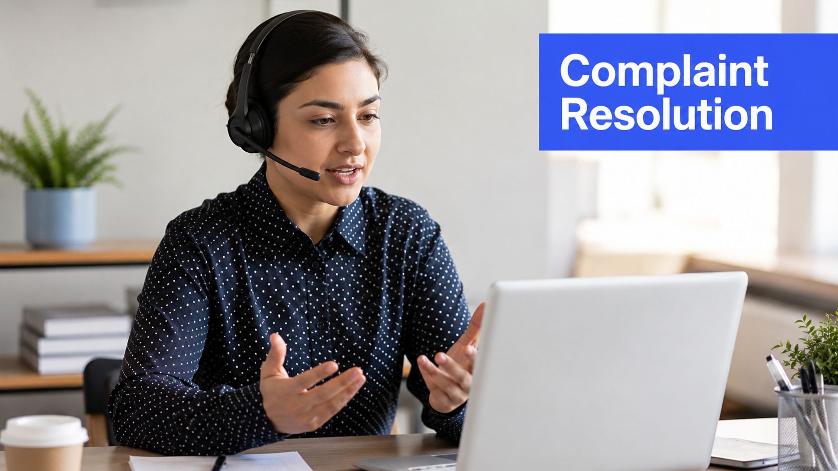 A professional customer support representative wearing a headset and using a laptop for complaint resolution.