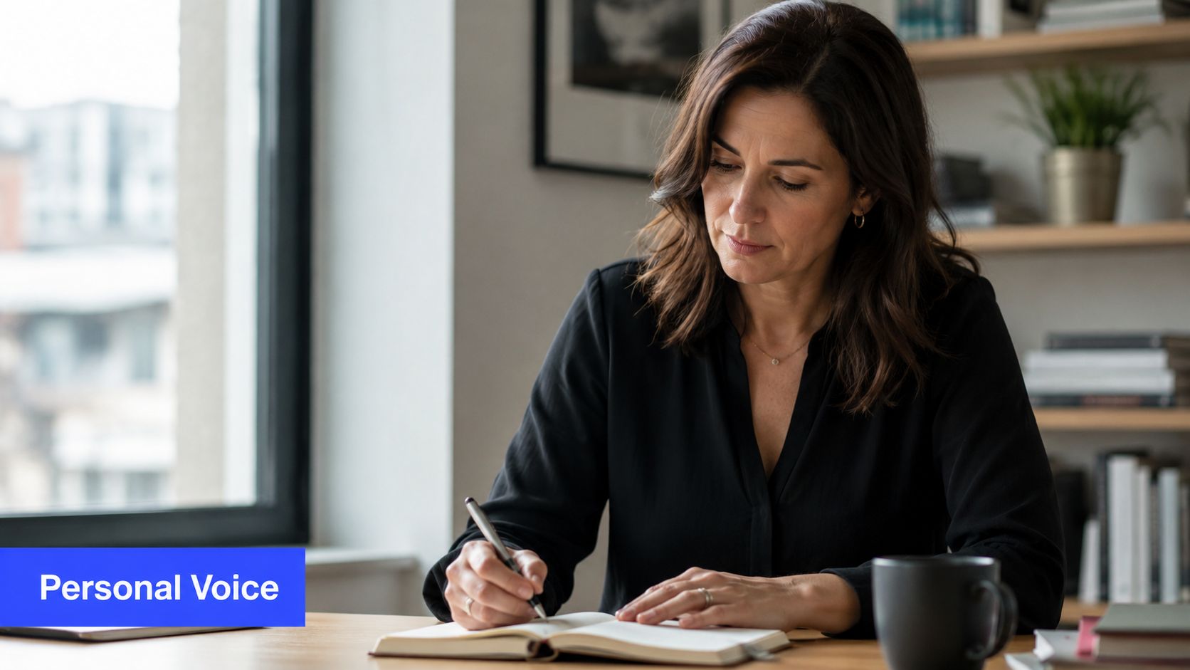 A professional woman writing in a notebook at her desk with a coffee mug nearby.