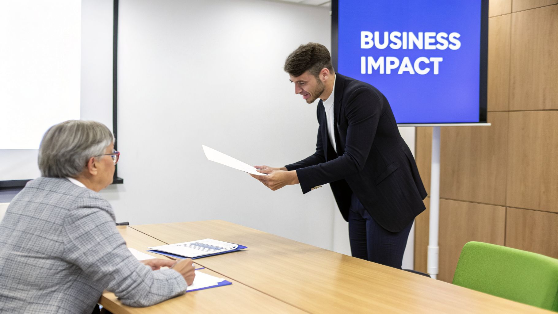 A man in a suit hands documents to a seated woman during a business meeting.